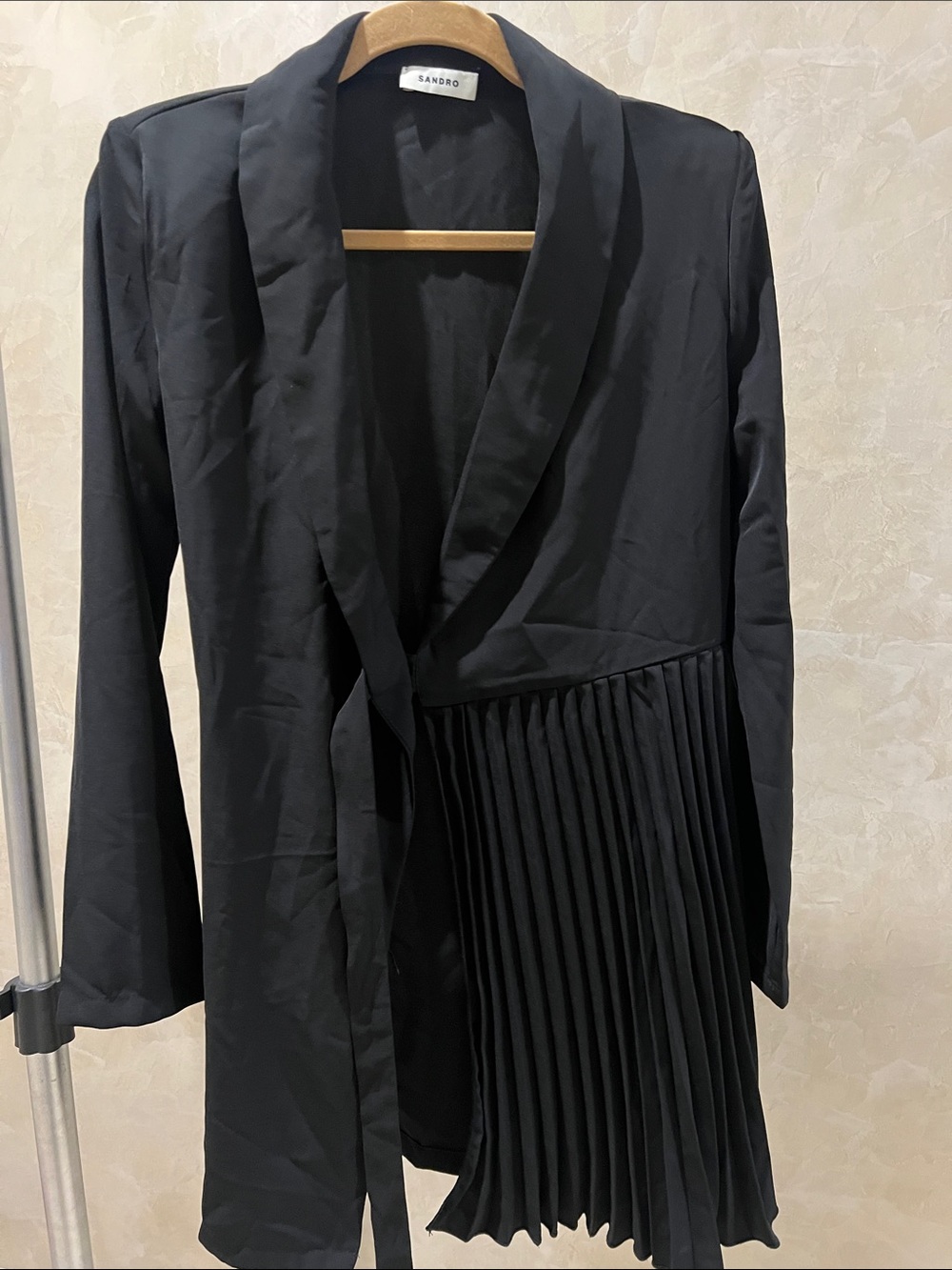 New Sandro Black Shawl-Collar Pleated Tie-Waist Jacket